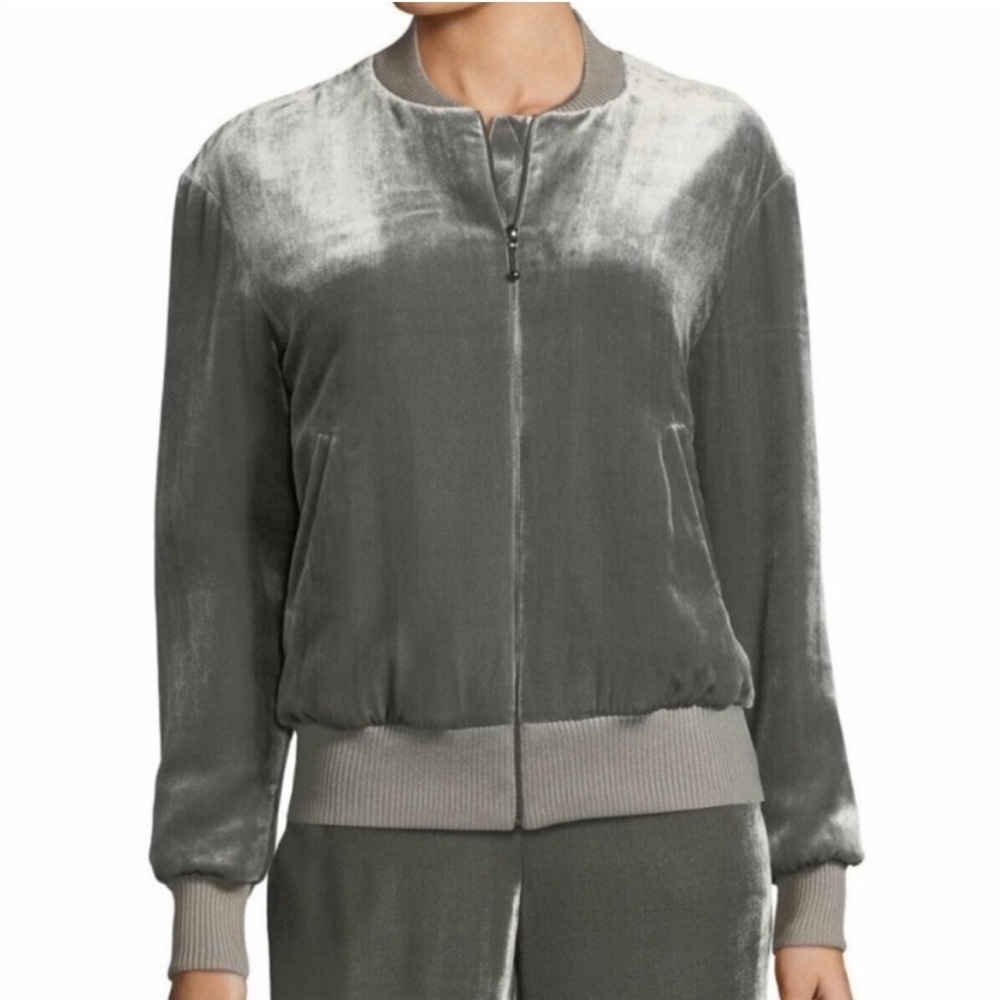 St. John Gray Velvet Zip Front Bomber Tracksuit Jacket Women’s Size Large